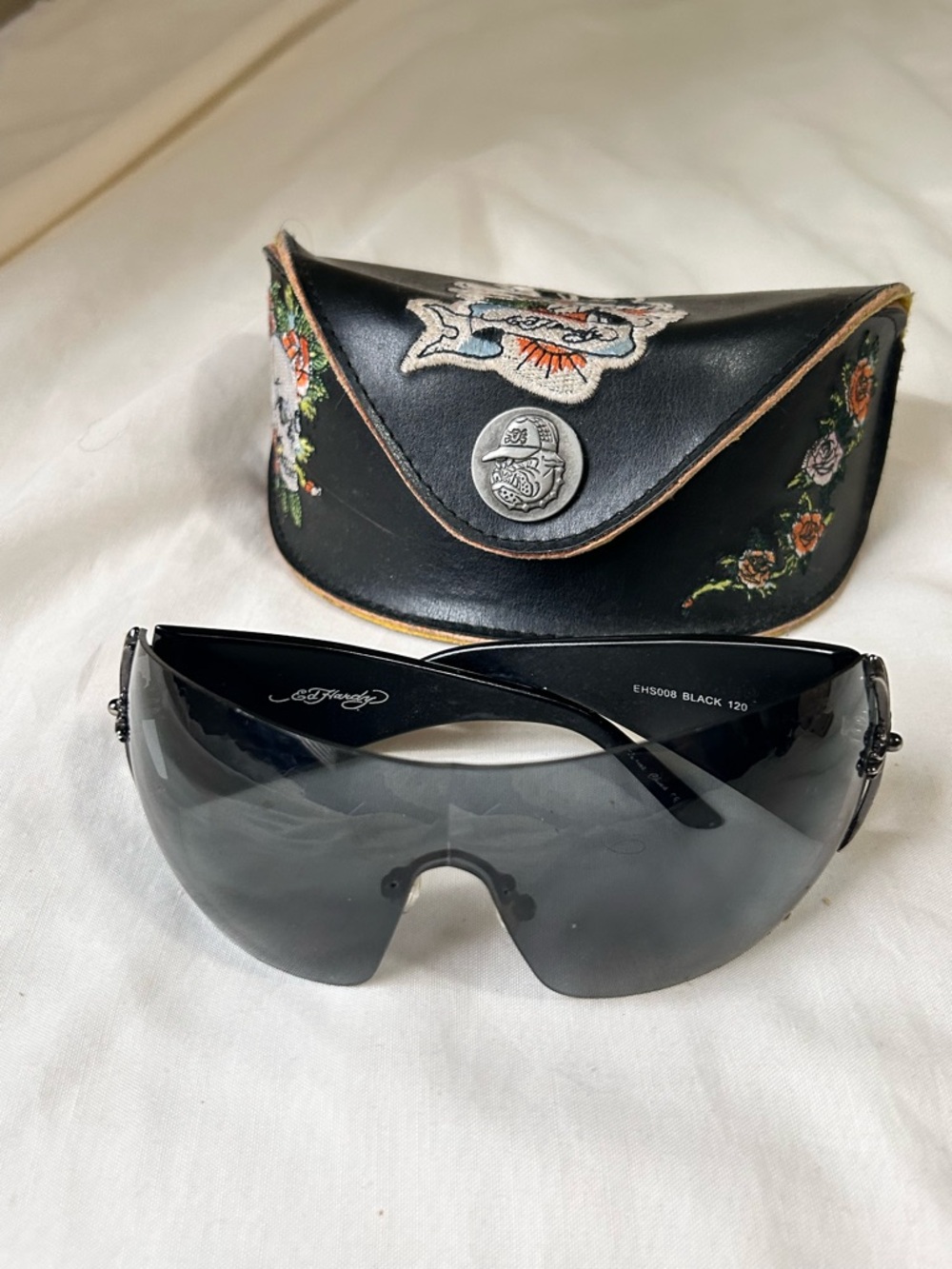 Ed Hardy EHS 008 Black Shield Rhinestone Y2K Vtg Sunglasses w/ Embroidered Case